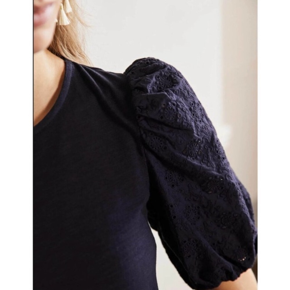 Boden Broderie Mix Jersey Midi Dress 12 Navy Blue Cotton Eyelet Puff Sleeves - Picture 2 of 13